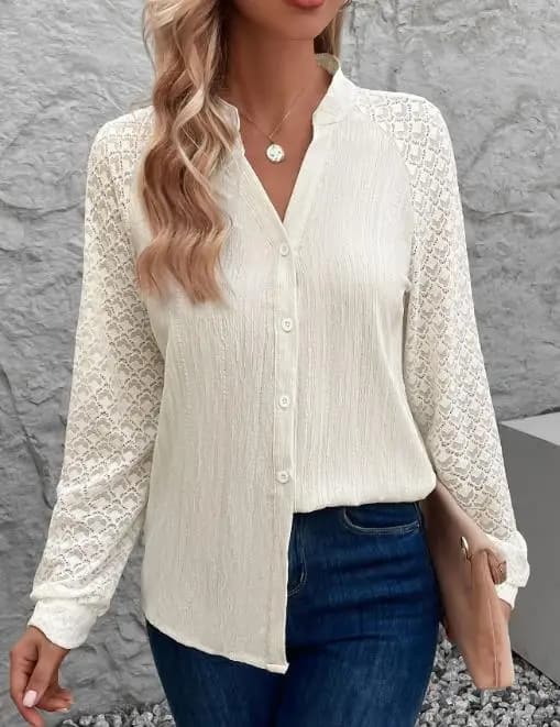 Shirts sexy elegant shirt with lace stitches 2025 Autumn Women's Clothing Texture Cardigan shirt with long sleeve collar