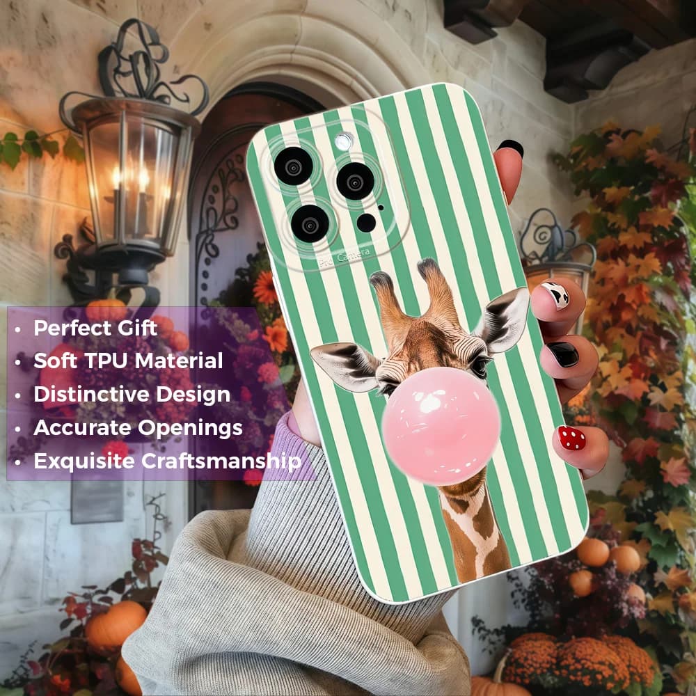 Cute giraffe chewing gum phone case suitable for iPhone 17 16 15 14 13 12 11 Pro/Max/Plus anti drop and shockproof back cover
