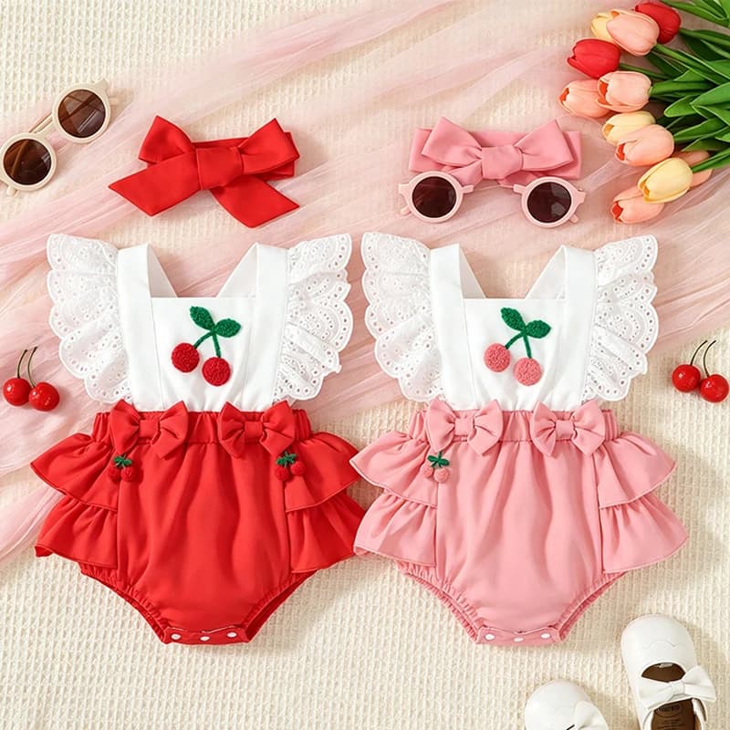 0-18M Baby Girl Bodysuit Set Summer 2PCS Cherry Outfit Lace Ruffle Sling Romper+Red Bow Headband Newborn Infant Clothing Outfits