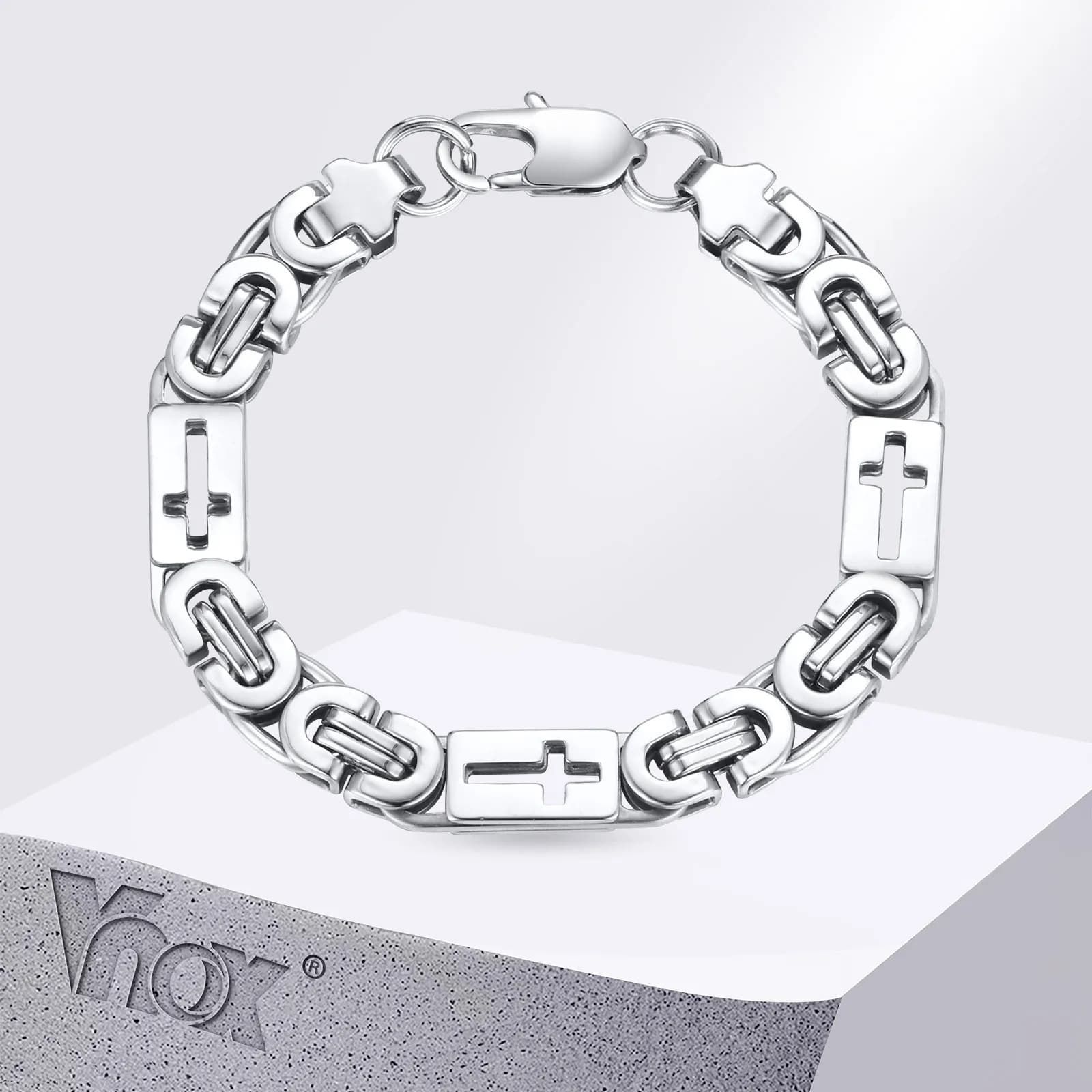 Vnox Men Hollow Out Cross Braccialetti a catena a maglia pesante, Bracciale con chiusura a moschettone bizantino in metallo in acciaio inossidabile Gioielli religiosi
