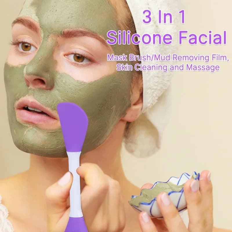 Pennello Doppio per Maschera Viso, Applicatore in Silicone a Forma di Orso per Pulizia del Viso, Spatola Multifunzionale con Manico Lungo e Bastoncino per Mescolare