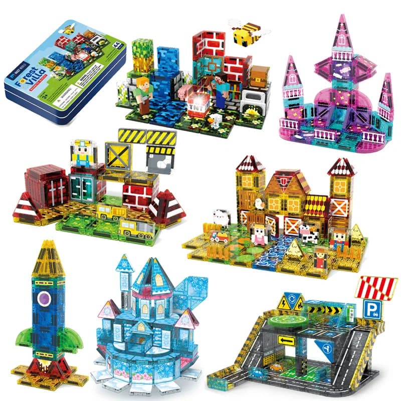 Children DIY Magnetic Tiles Building Blocks Construction Learning STEM Creative Stacking Blocks Educational Toys with Tin Box
