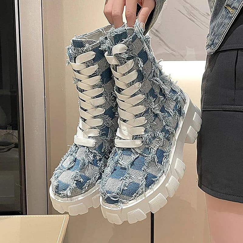 Stivali di jeans da donna Stivali con plateau alla moda coreana autunnale Classici modello a scacchiera Scarpe da cowboy in gomma allacciate per RAGAZZE economiche