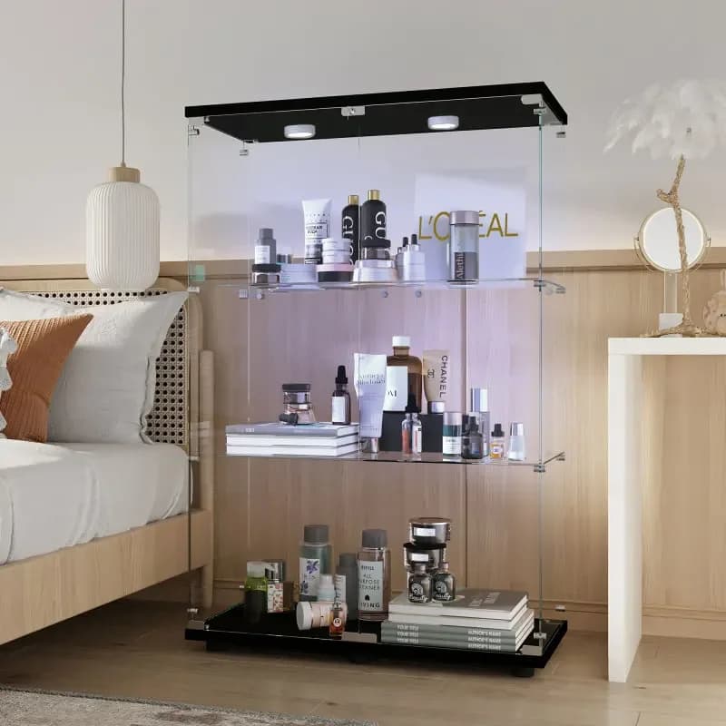 Vetrina in vetro temperato, mobiletto per vino, mobiletto portaoggetti, schedario, con luce Paipai alimentata a batteria, piedini regolabili.