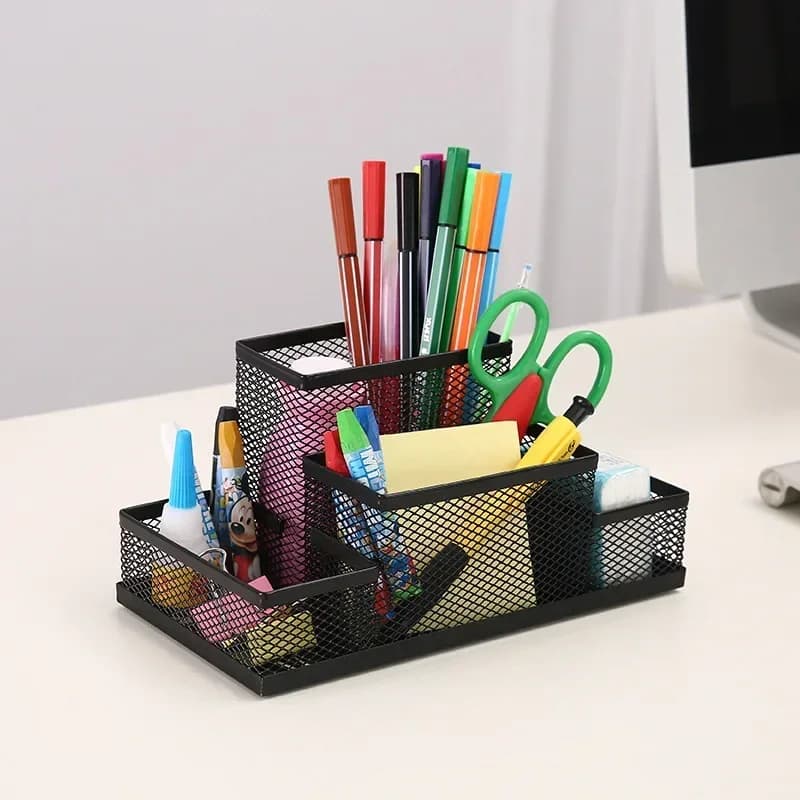Organizzatore in metallo Organizzatore da scrivania in rete Tavolo da 3 celle Scatola portaoggetti per gioielli Cassetto Portapenne per strumenti per la pulizia