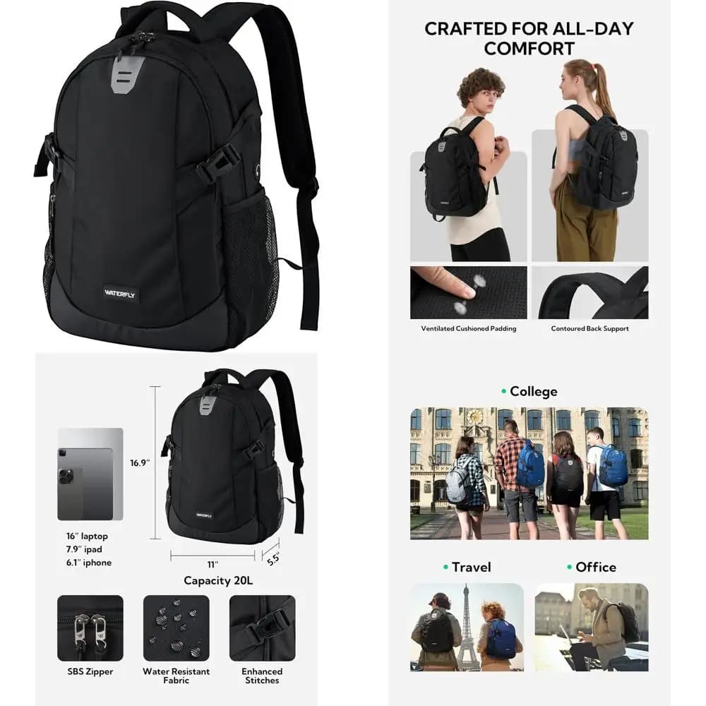Zaino Compatto Unisex da 20L per Pendolari Quotidiani: Versatile EDC, Escursionismo, Palestra in Nero