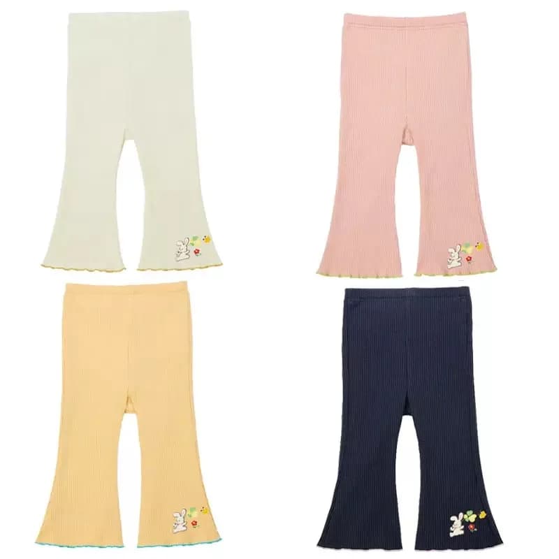 Cute Little Girls Flared Pants Lucky Rabbit Embroidery Floral Kids Leggings Cartoon Bunny Embroidered Elastic Waist Trousers