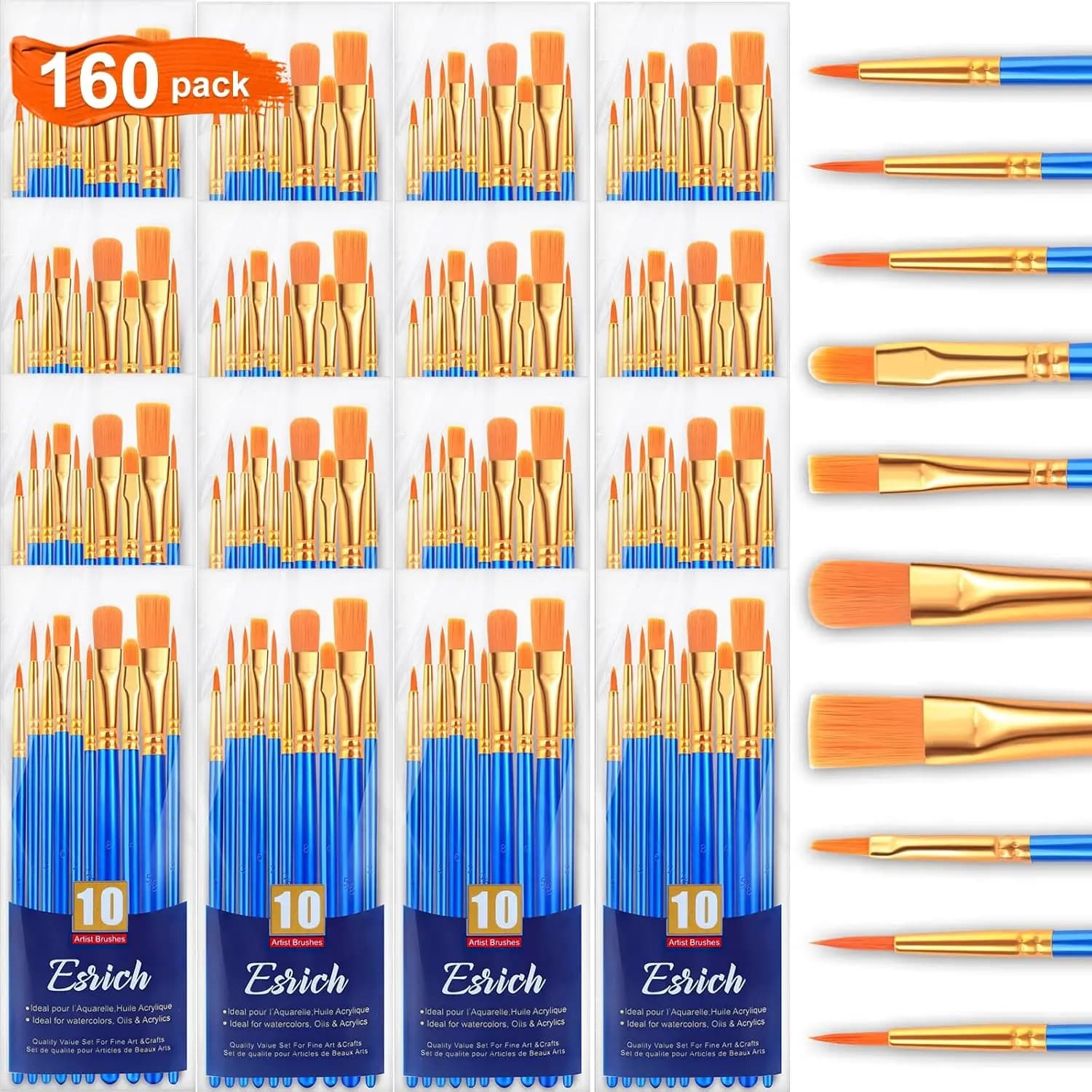 Acrylic Painting Brush Set, 16 Packs 160 Pieces with Nylon Head for Acrylic, Oil, Watercolor, Body, Face, Nail Art, Perfects for Artistic Painting