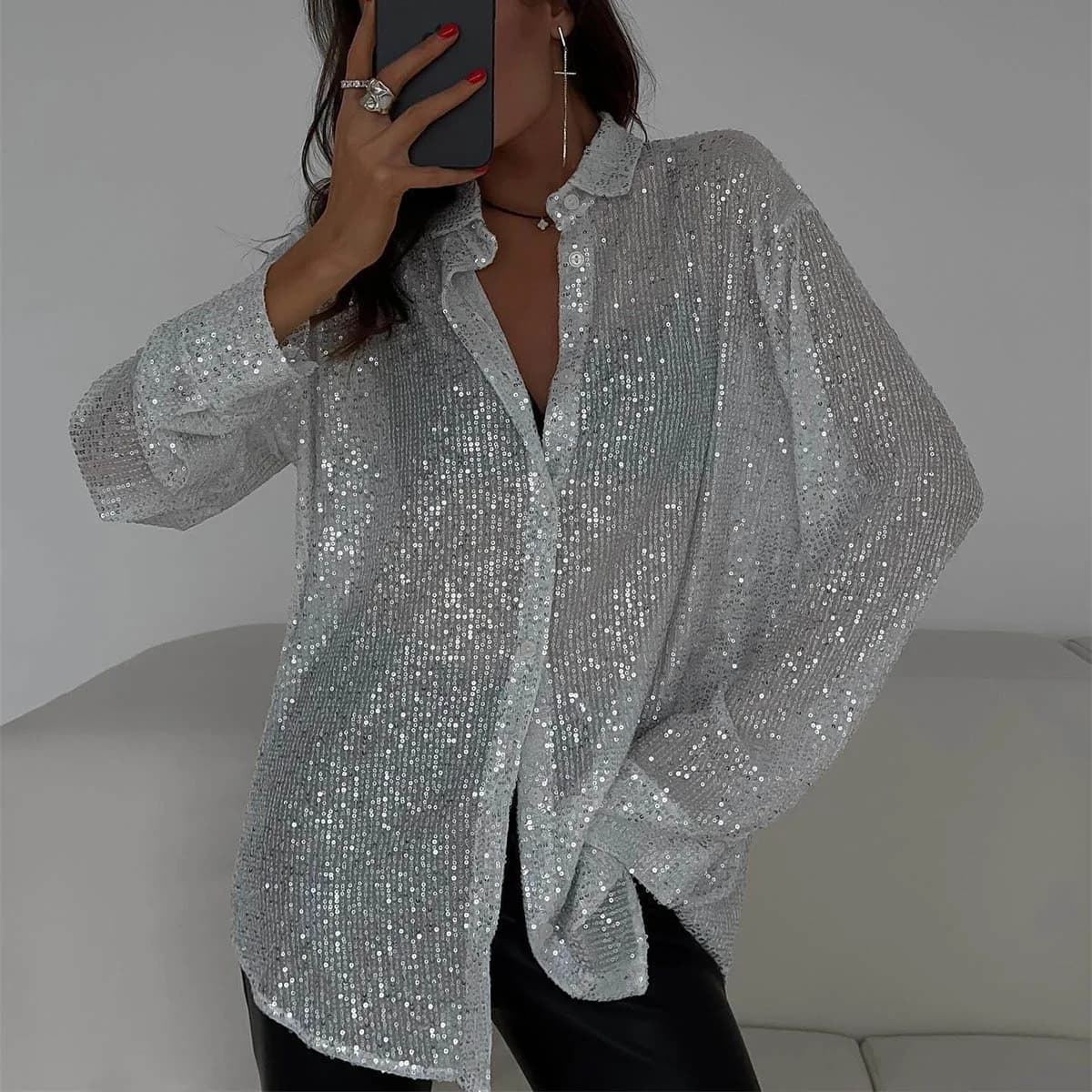 Camicia Sexy a Maniche Lunghe per Donna, Outfit per Performance sul Palco, Abbigliamento Casual per Feste di Fine Anno, Stile Street, Scollo a V, Tinta Unita