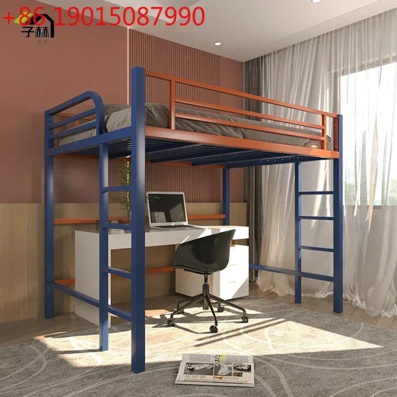 Iron frame bed duplex second floor elevated sheet upper floor apartment upper and lower bunk loft lower table
