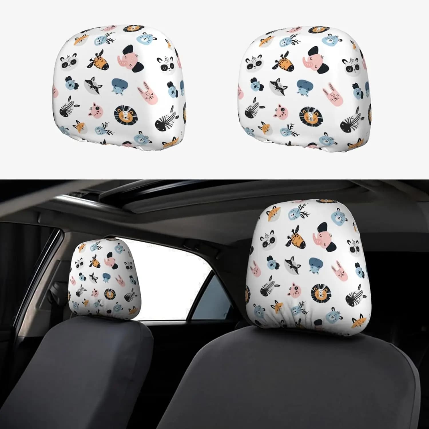 2 car headrest covers with cartoon animal print, universal car seat cover