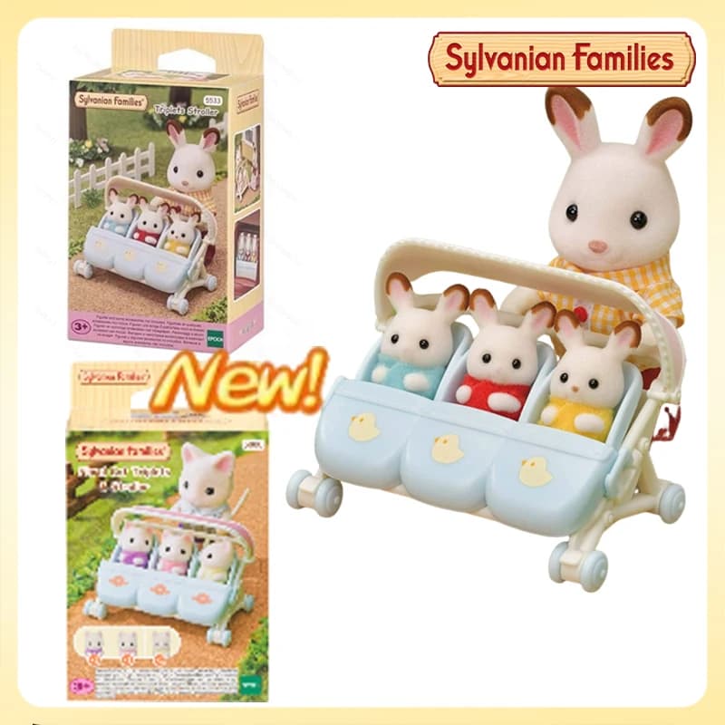 Nuovo Passeggino Floreale Sylvanian Families con Tripli Neonati Panda, Elefante e Coniglio, Giocattoli per Bambini, Regalo per Bambini