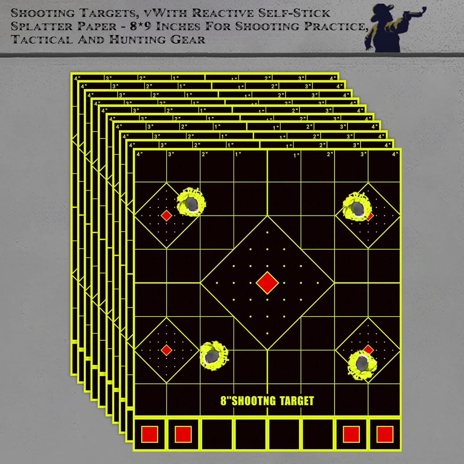 10 pieces 8 inches * 9 inches "square numbers" self-adhesive target card with square red center for shooting practice stickers anti-sprust target stickers for training shooting target fluorescent color labels (can be used for real gun practice)
