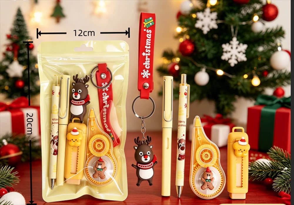 Learning Set 5-Piece New Christmas Creative Stationery Set Student Gift Neutral Pen Eraser Pencil Keychain Correction Belt