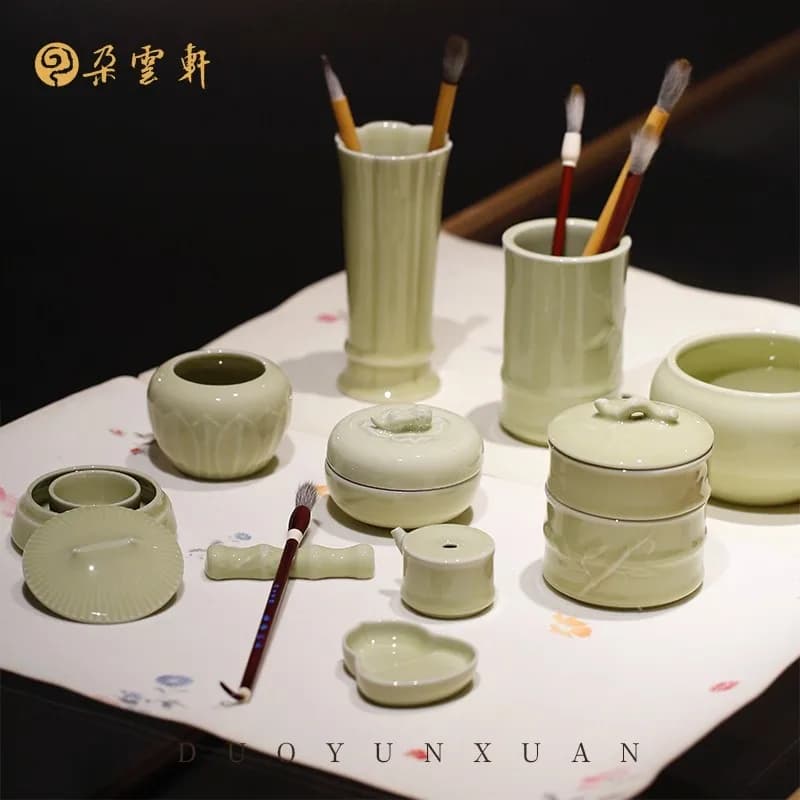 Creative Chinese Scholar's Set, Ceramic Brush Washer with Water Dropper & Brush Rest, Complete Calligraphy Kit, Desk Ornament
