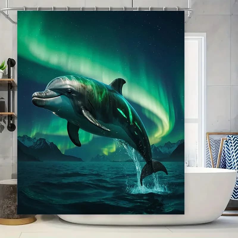 Vivid Dolphin Aurora Northern Lights Stampa Tenda da doccia Tema moderno dell'oceano Decorazioni per il bagno Tessuto impermeabile Decorazione artistica