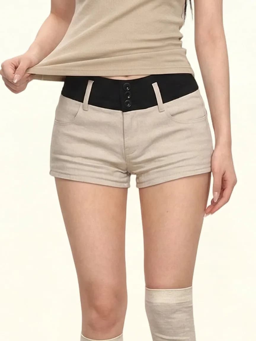 American High Waist Apricot Slimming Shorts Women Summer New Style Thin Show off Shorts Decorative Button Hot Pants