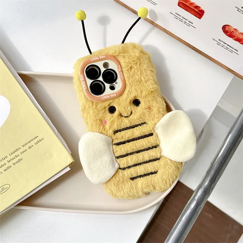 Coreano soffice pelliccia peluche cartone animato ape staffa per obiettivo custodia per iPhone 17 16 15 14 13 12 11 Pro Max copertura protettiva antiurto