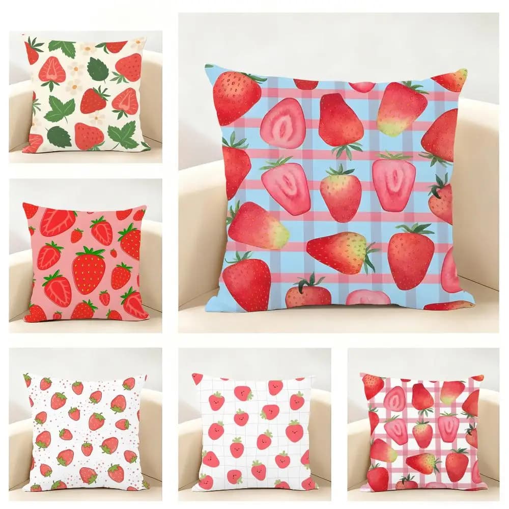 Simple Casual Hand-Painted Strawberries Fruits Cushion Cover Linen Pillowcase Soft for Sofa Bed Home Room Decor