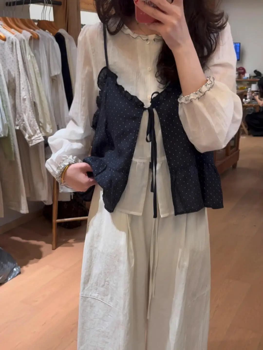Korean Style Polka Dot Blouse And Skirt Set Women's Spring Season Long Sleeve Top with Wood Grain Design Age Reduction S...