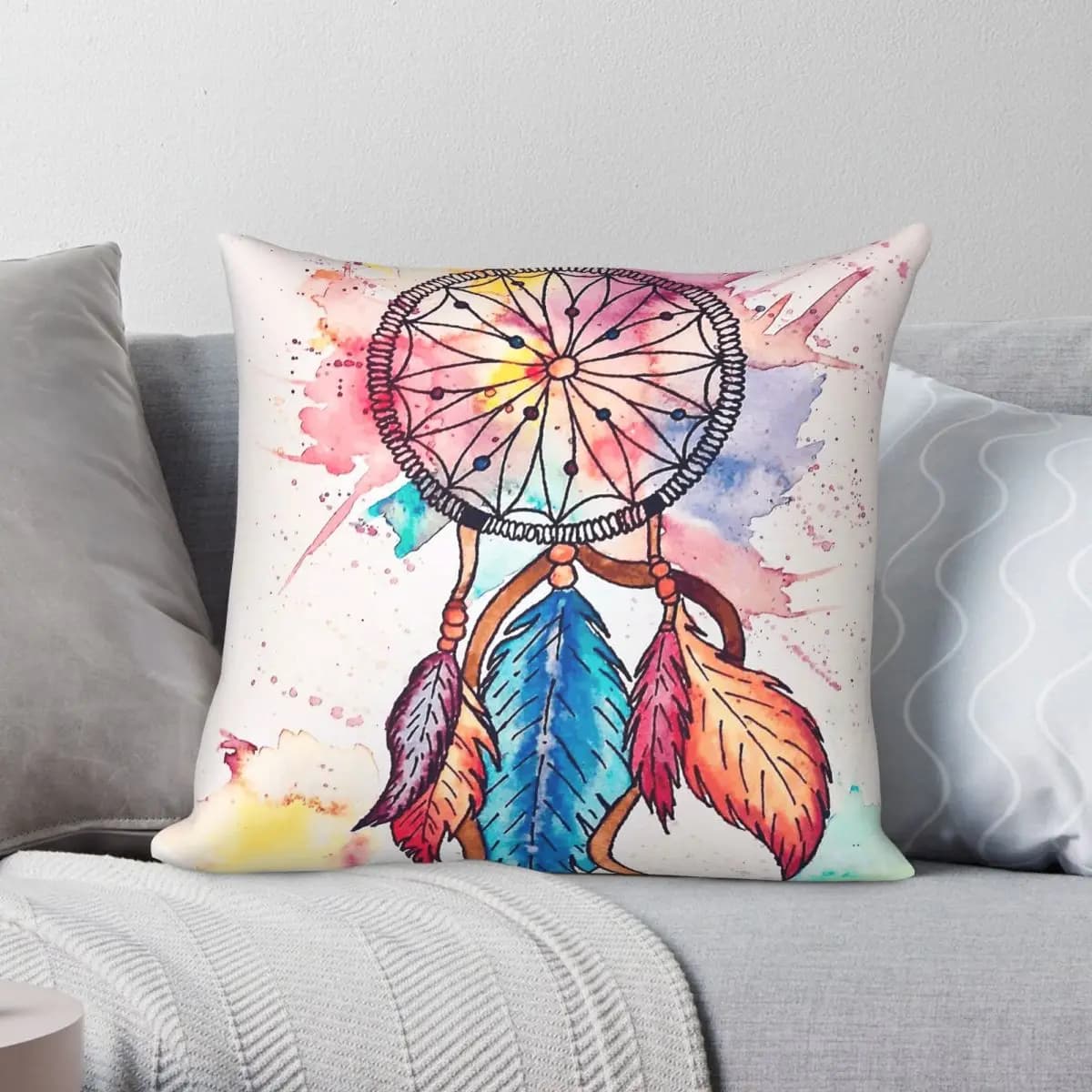 Federa per cuscino Watercolor Dream Catcher in poliestere, lino, velluto, stampata, con cerniera, decorazione per divano