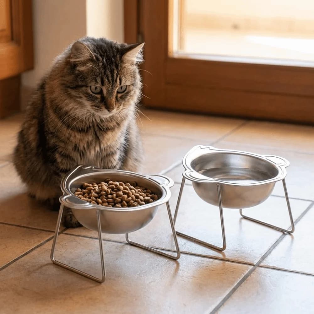 Ciotole Rialzate per Gatti in Acciaio Inox, Inclinazione 15 Gradi per Protezione del Collo, Ciotola per Cibo e Acqua con Supporto Rimovibile, Dispenser per Alimenti per Animali
