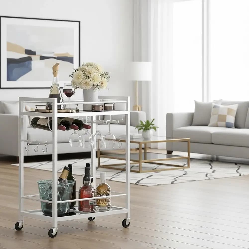 Carrello Portabevande Bianco con Portabottiglie e Portabicchieri per Uso Domestico