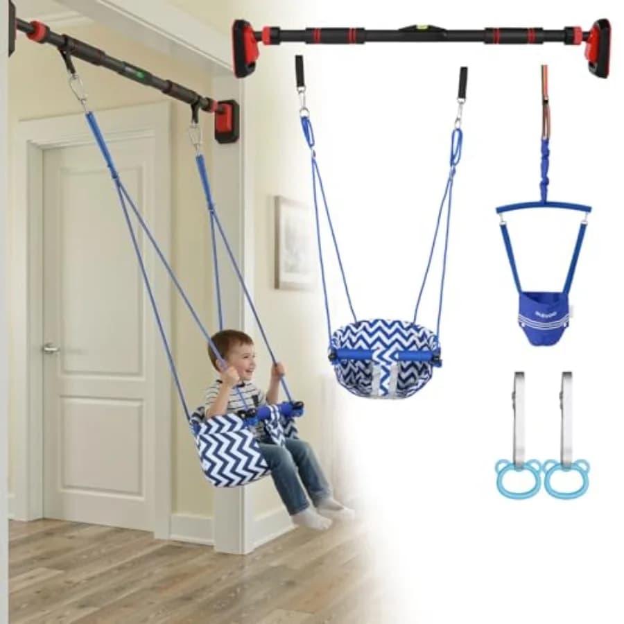 Barra per trazioni e altalena da porta per allenamento indoor, telaio in acciaio, blu/rosso, adatta per porte da 38-45 pollici, attrezzo fitness 4-in-1