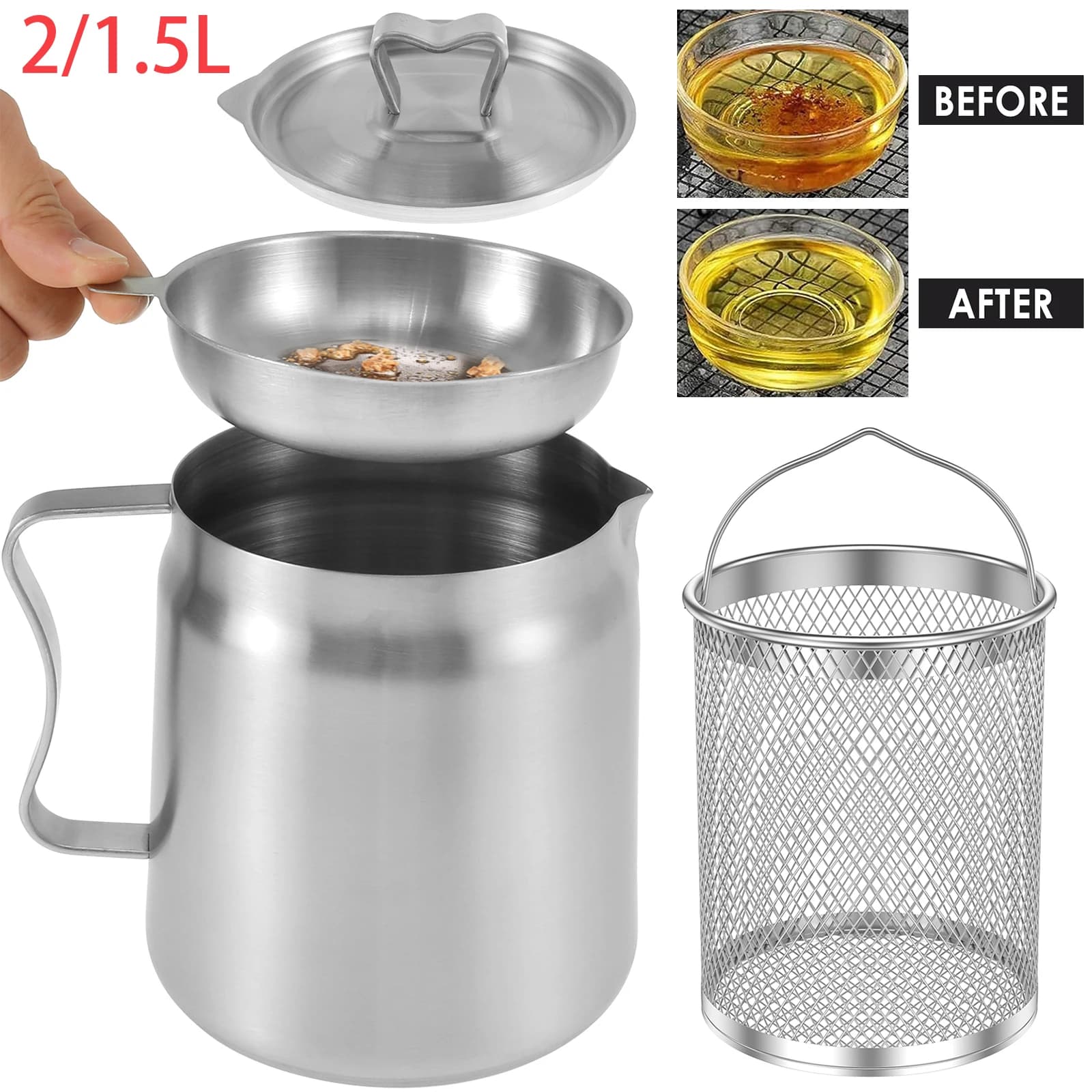 Pentola per filtro olio Pentola per filtro olio in acciaio inossidabile con filtro a maglia fine Cestello per friggere 2L Conservazione dell'olio Contenitore per grasso da cucina
