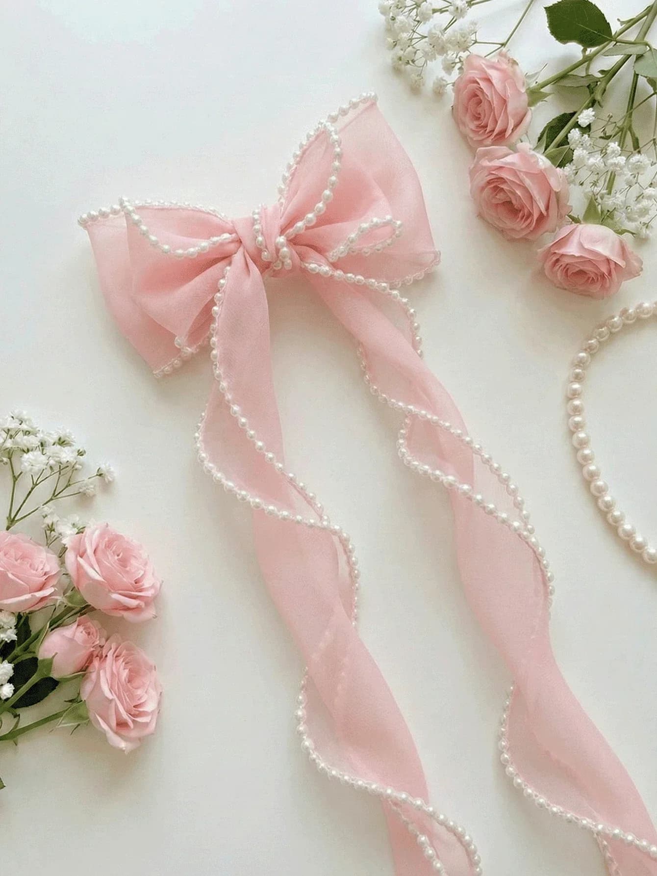 Fermaglio per capelli con fiocco in finta perla rosa per donna, accessorio elegante per capelli