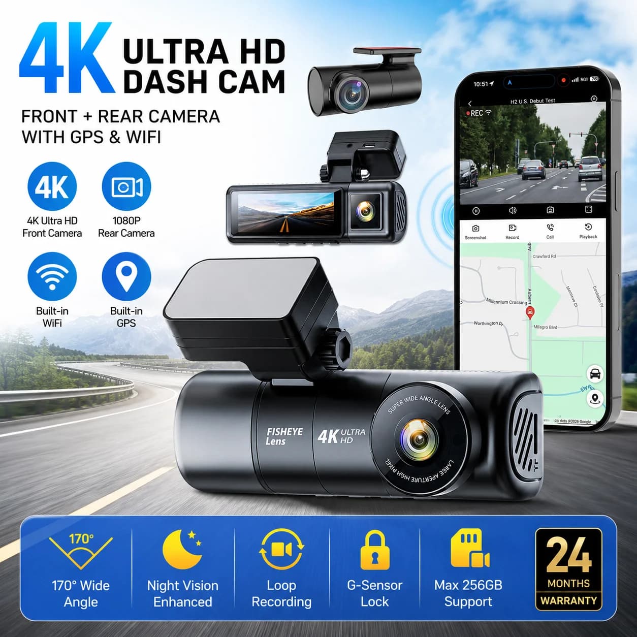 EKLEVA 4K UHD 3 Channel Car Dash Cam Front Inside Rear 3 Lens WiFi Easy to Install & Detach DVR