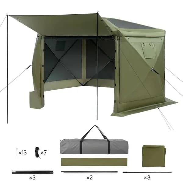 Gazebo Pop-up con Zanzariera, Tenda da Campeggio Grande 3x3 m a 6 Lati con Tetto Rimovibile e Borsa per il Trasporto