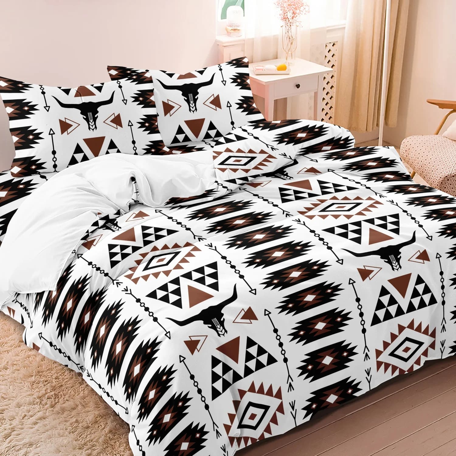 3Pcs Ethnic Tribal Cow Skull Geometric Print Duvet Cover Set, For Family Bedrooms Dormitories(1 Duvet Cover + 2 Pillowcases)