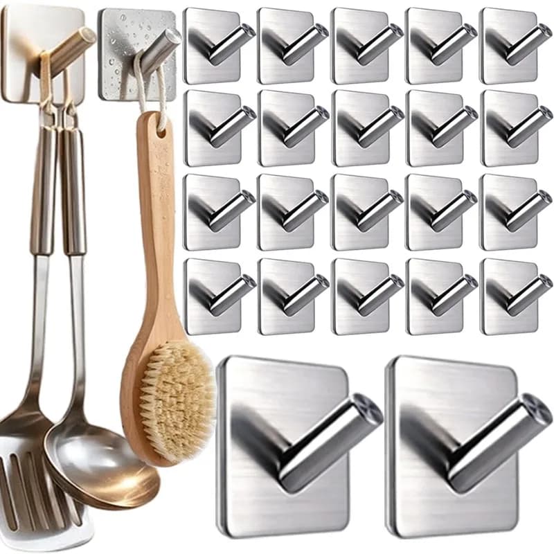 1/10PCS Stainless Steel Adhesive Wall Hooks Heavy Duty Shower Hooks Clothes Towel Storage Hanger Rack for Kitchen Bathroom