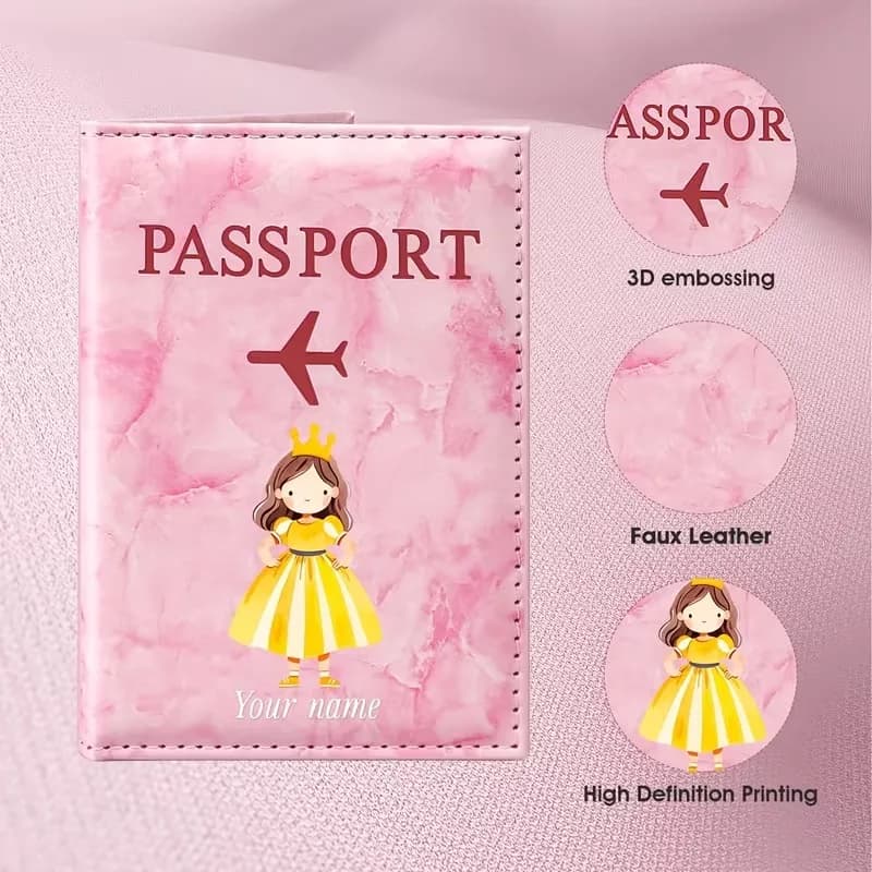 Personalized Name Golden Dress Princess Illustration Design PU Passport Holder, The Pattern Is a Cartoon Female Image Wearing