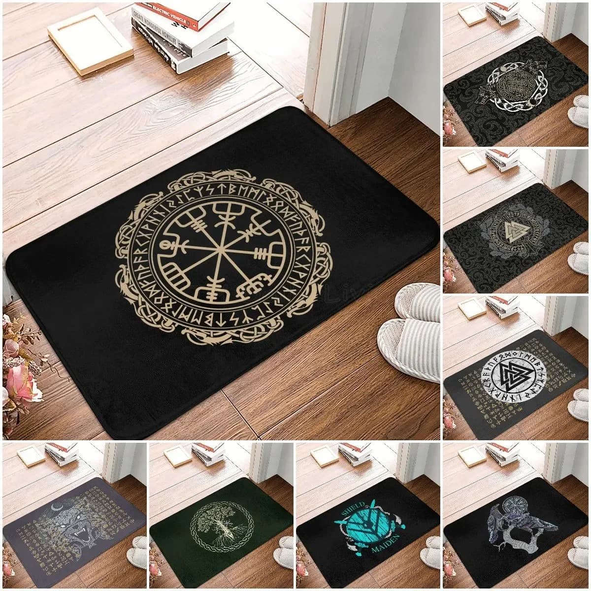 Viking Nordic Celtic Symbol Entrance Door Floor Mat Vikings Tattoo Odins Ravens Carpet Rugs Anti-Slip Waterproof Bathroom Mat