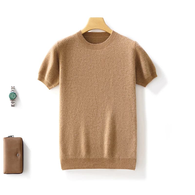 T-shirt a maniche corte lavorata a maglia di lana primaverile e autunnale Camicia a mezza manica maglione moda girocollo da uomo in pura lana 100
