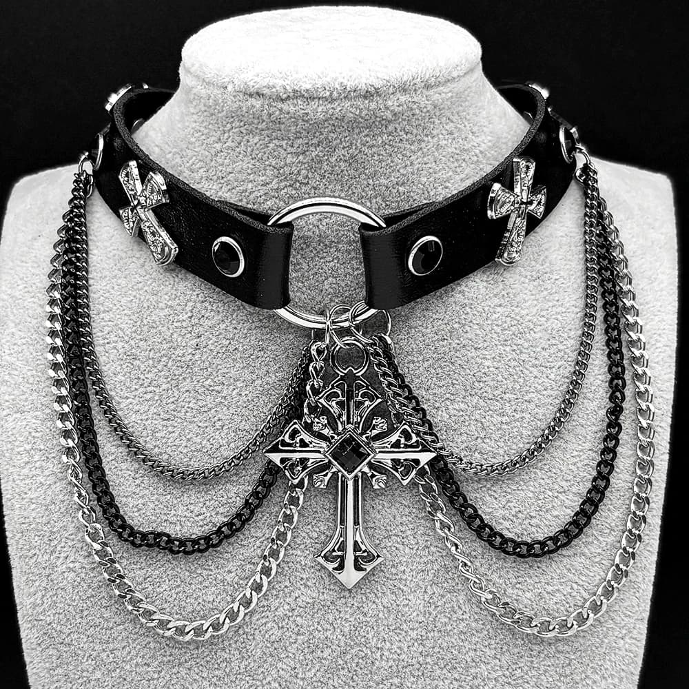 Gothic Punk Cross Multi-Layer Chain Pu Leather Choker Necklace for Women Men Alloy Silver Color Catholic Jewelry Gift