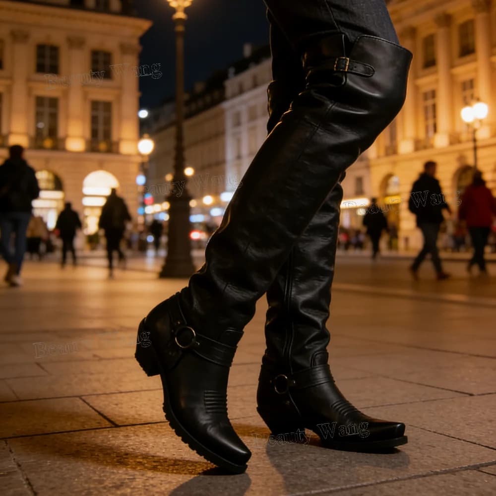 Stivali da Uomo Stile Cowboy Neri con Cinturino Laterale, Punta Rotonda e Altezza al Ginocchio, Collezione 2024