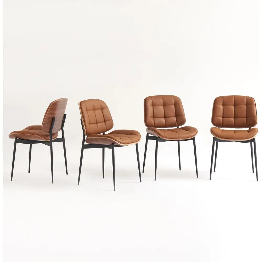 Set of 4 Dining Chairs in Leather with Backlit Walnut Effect, Square Bearings and Adjustable Poggiapies