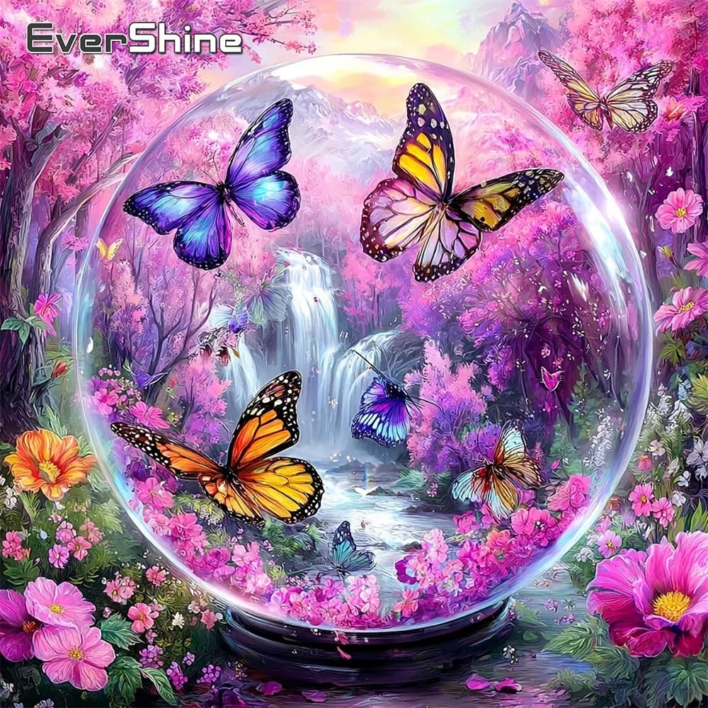 EverShine Mosaico Diamantato Paesaggio Cascata Ricamo Completo Farfalla Strass Pittura Fiori di Ciliegio Regalo Fatto a Mano