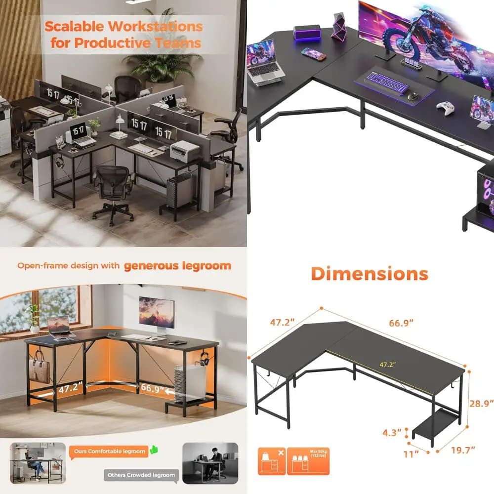 Scrivania da gioco a forma di L da 66", scrivania angolare per computer con supporto CPU, robusta scrivania da gioco di grandi dimensioni per l'home office, workstation di scrittura Com
