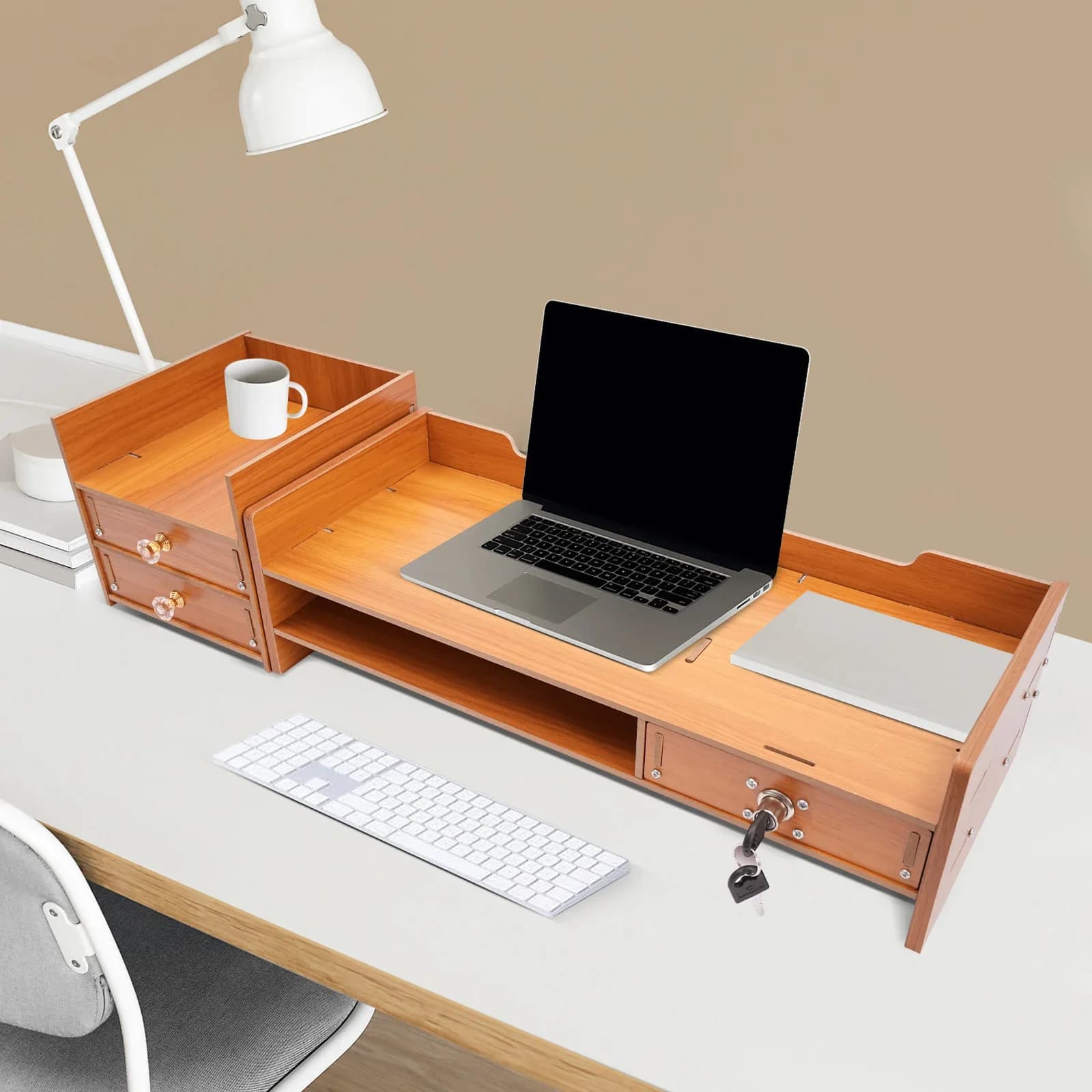 3 drawer monitor support: wooden computer monitor holder with lock drawer, ergonomic computer screen support for office