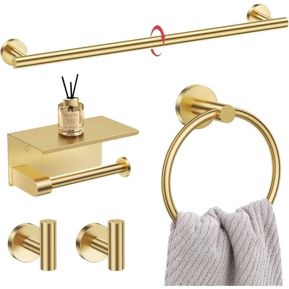 Set di accessori per il bagno in oro spazzolato da 5 pezzi con ripiano, portasciugamani e accessori da parete in acciaio inossidabile
