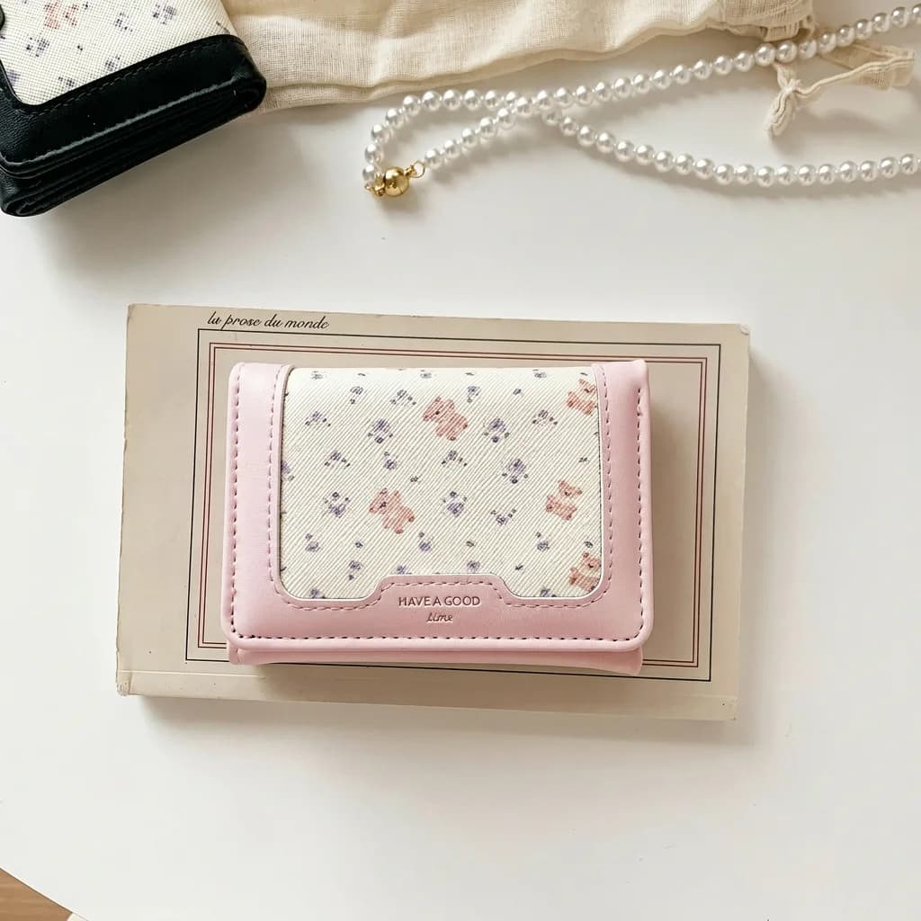 Trifold Short Wallet Compact Pu Leather Wallet Floral Print Wallet Fresh For Daily Outings Gift Women