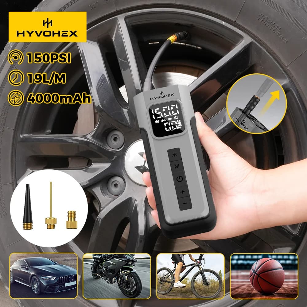 HYVOHEX C2 Compressore d'Aria Portatile Senza Fili, 100% Ciclo di Lavoro Continuo, 4000mAh, per Auto, Moto, Palloni, con Luce LED