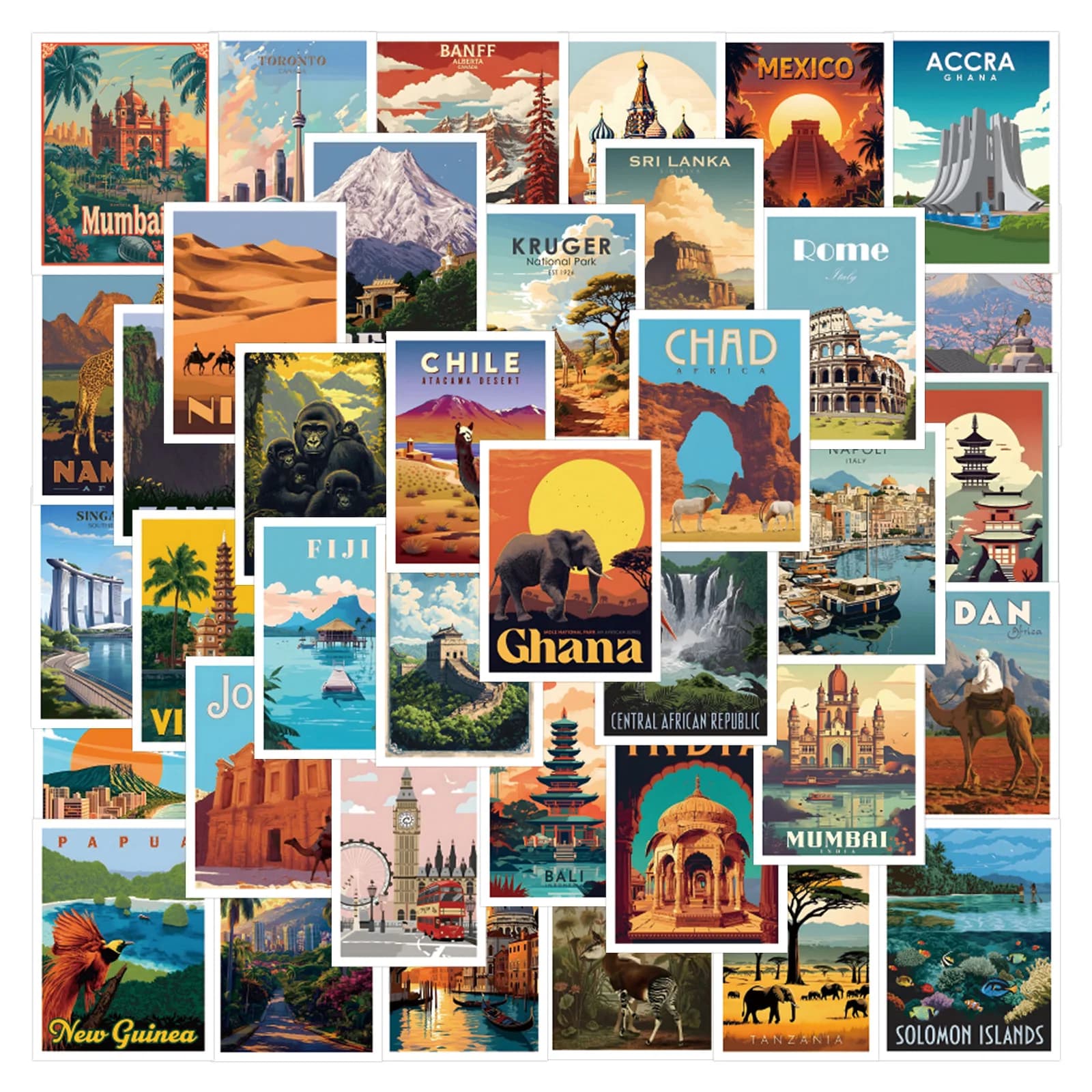 Set of 65 Wall decals of Architecture and Landscapes Famous of the World, Decalcomanie Waterproof for Bullet Journal, Borracce, Laptop, Travel Diaries