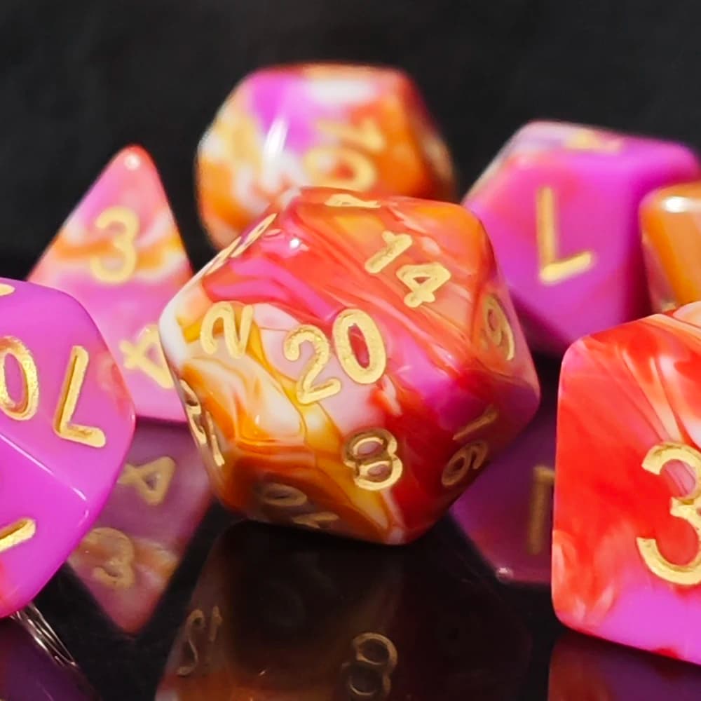 Offerta Speciale: Set di 7 Dadi Poliedrici Rosa e Arancioni con Numeri Dorati per Dungeons & Dragons, Giochi di Ruolo, MTG e Giochi da Tavolo