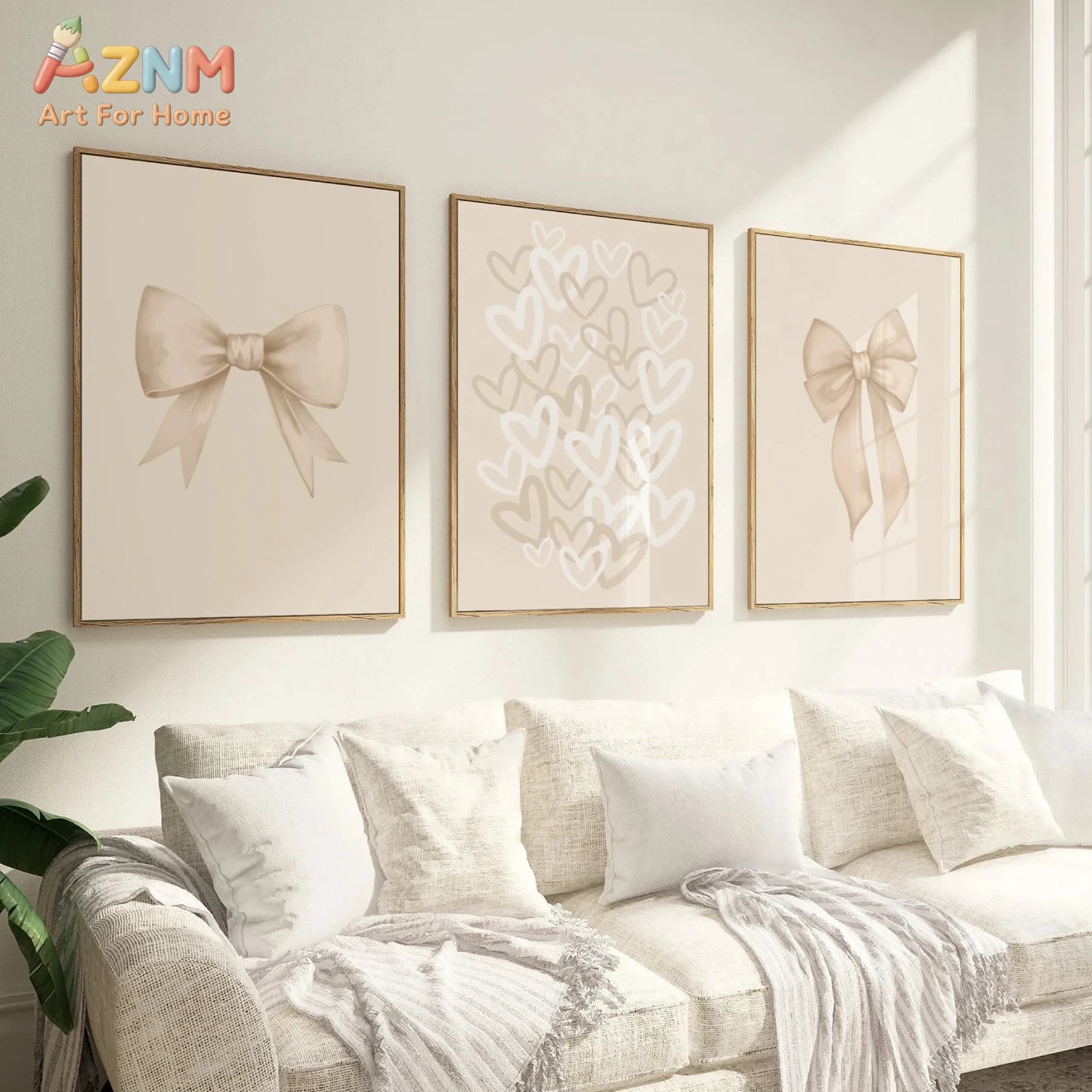 3pcsAZNM Neutral Beige Bow and Heart Canvas Wall Art Print Set, Minimalist Coquette Style Nursery Posters, Unframed Soft Aesthet