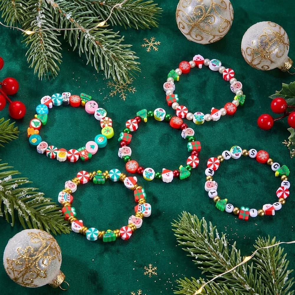 Unique Christmas Paper Card Bracelet Women Polymer Clay Santa Candy Tree Beads Strand Braslet Festival Elements Female Jewelry